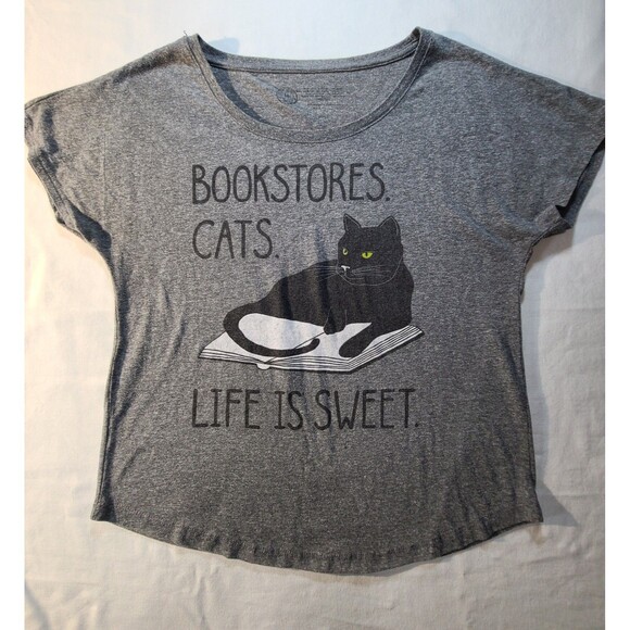 Bookstores Cats Life Is Sweet Graphic Tee M Heather Gray Cat Shirt Size Medium - Picture 1 of 5